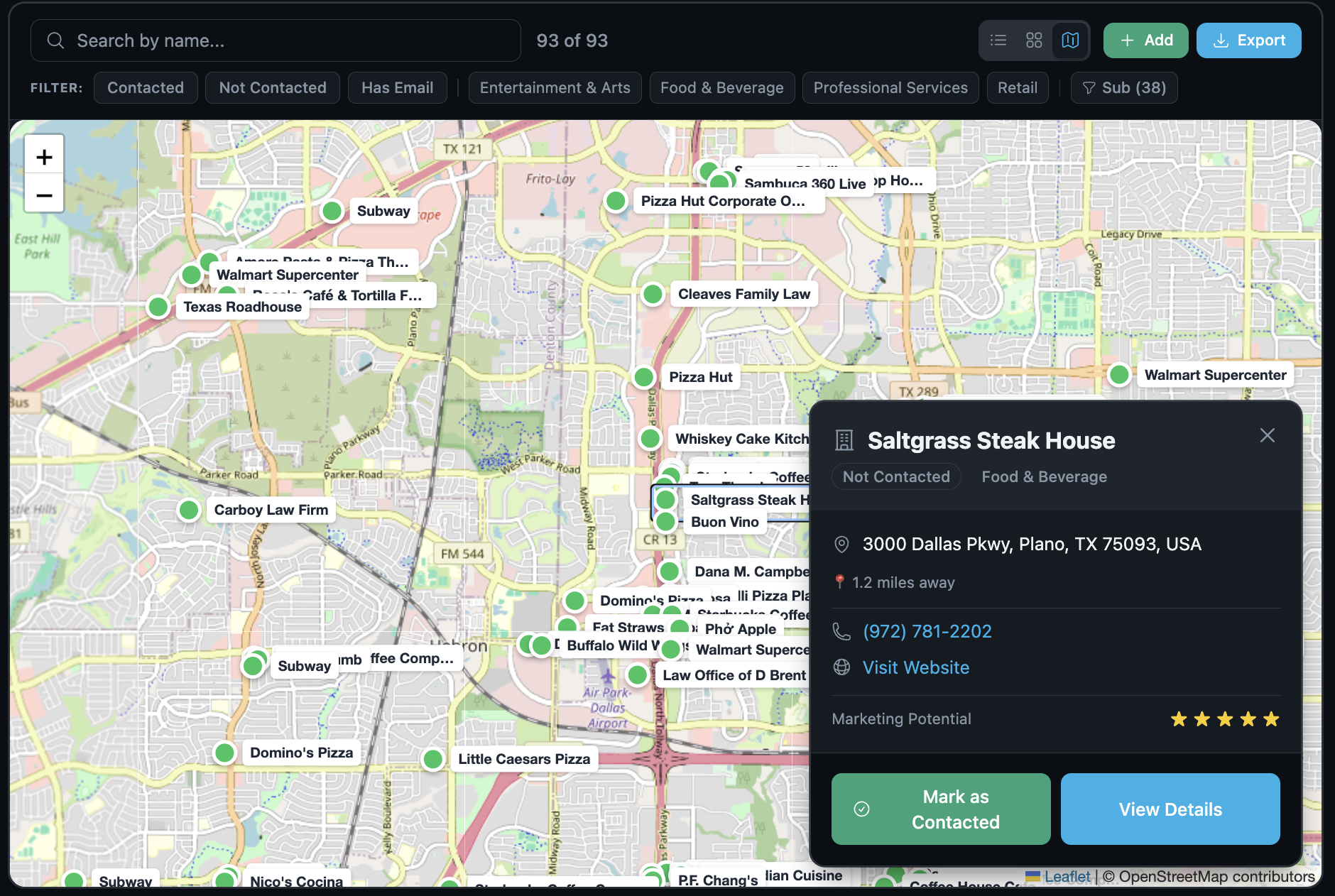 Lead prospector map with a nearby business selected